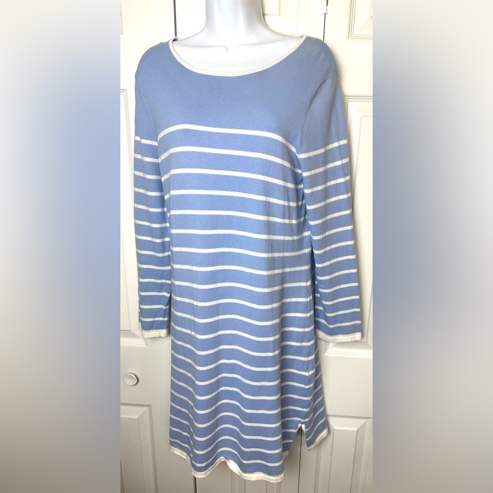 STS SAIL TO SABLE Nautical Striped Sweater Dress Blue White Scoop Neck Knit